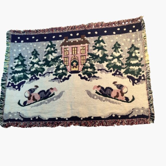 Sledding Snow Scene Tapestry Placemat Vintage Christmas Woven 18 x 14 lot 4 - Picture 2 of 10